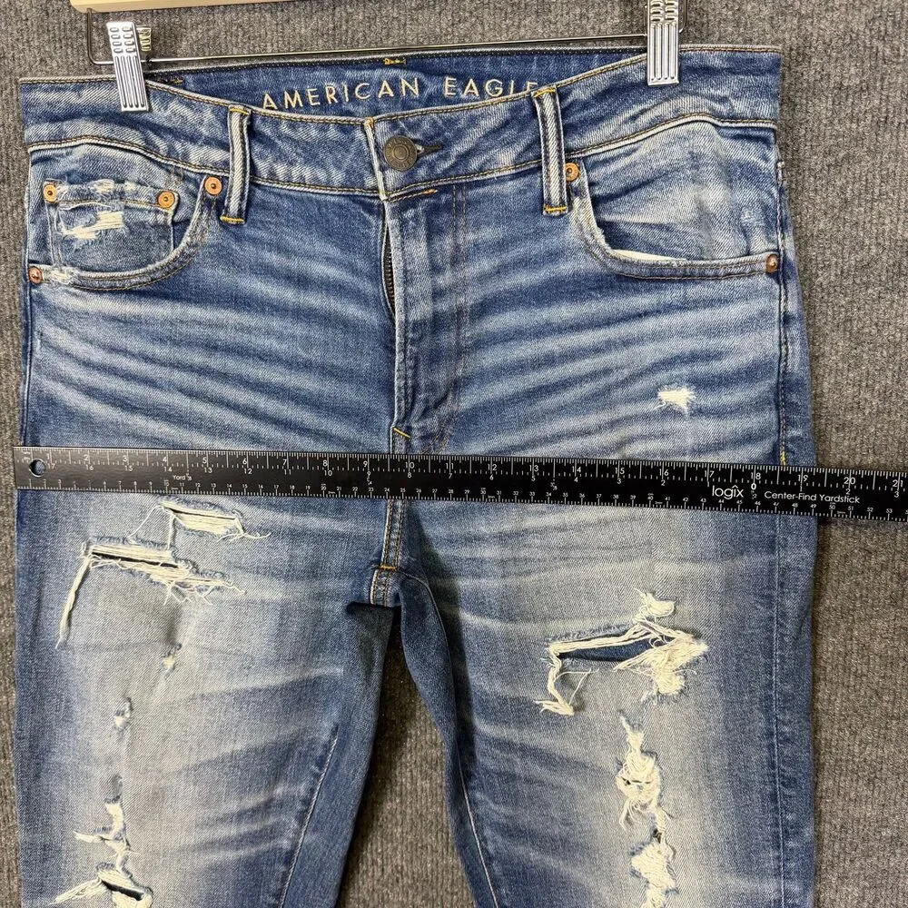 American Eagle Men's Slim Straight Jeans Airflex+ 34x28 Distressed Ripped Blue